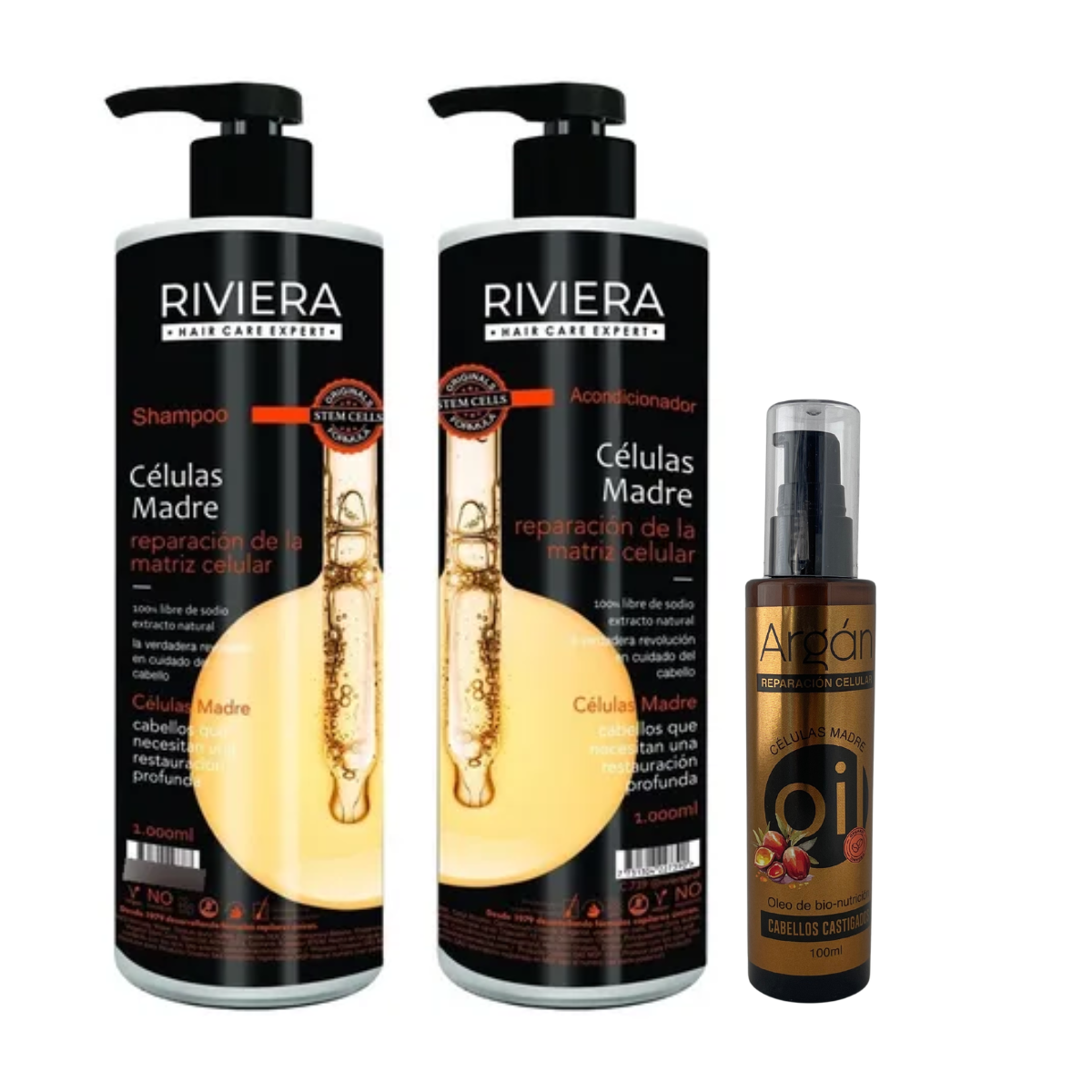 Super Promo Pack Celulas Madre Shampoo 1Lt + Acondicionador 1Lt + Oleo Riviera Professional 100ml