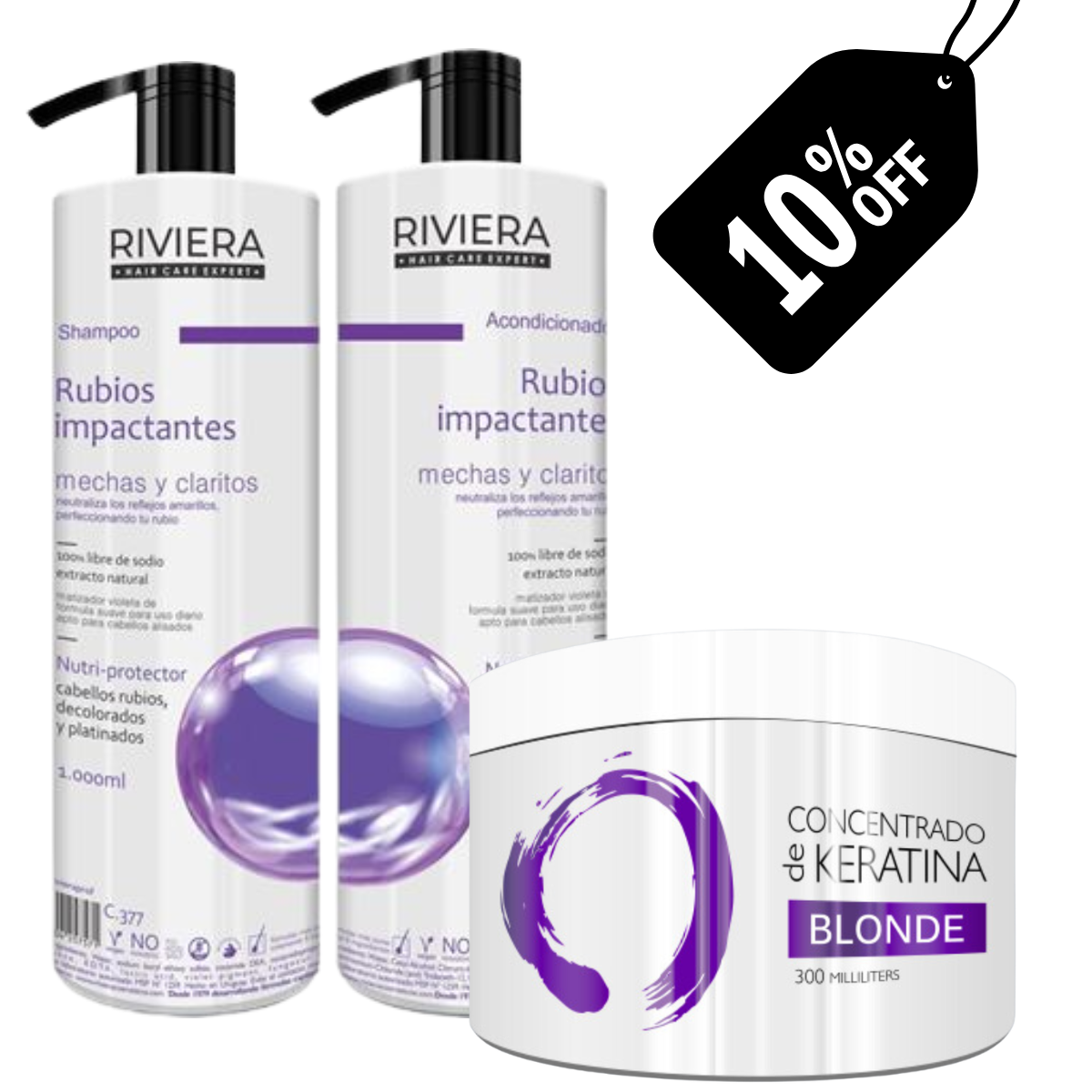 Super Promo Pack Blonde Shampoo 1Lt + Acondicionador 1Lt + Concentrado de Keratina Blonde Riviera Professional 350ml