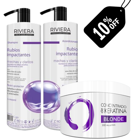 Super Promo Pack Blonde Shampoo 1Lt + Acondicionador 1Lt + Concentrado de Keratina Blonde Riviera Professional 350ml