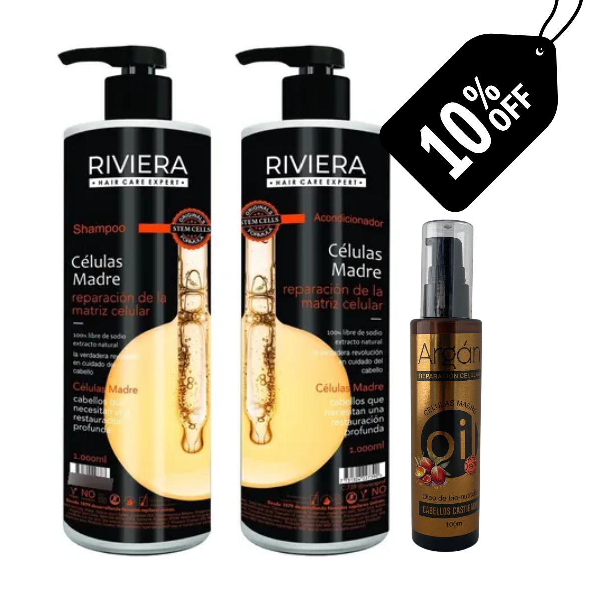 Super Promo Pack Celulas Madre Shampoo 1Lt + Acondicionador 1Lt + Oleo Riviera Professional 100ml