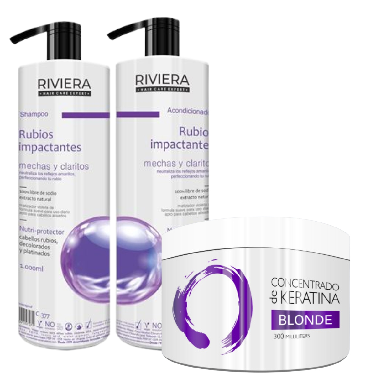Super Promo Pack Blonde Shampoo 1Lt + Acondicionador 1Lt + Concentrado de Keratina Blonde Riviera Professional 350ml